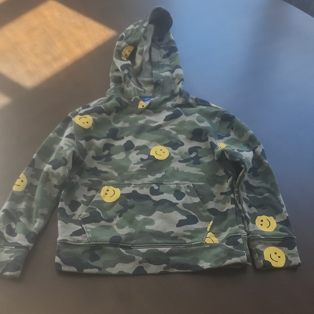 Old Navy Green Camouflage Hoodie with Yellow Smiley Faces